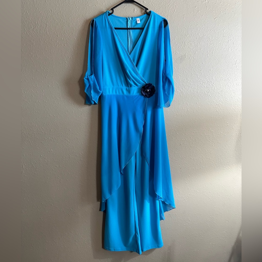 Dressy Blue Cold Shoulder Jumpsuit. Size M